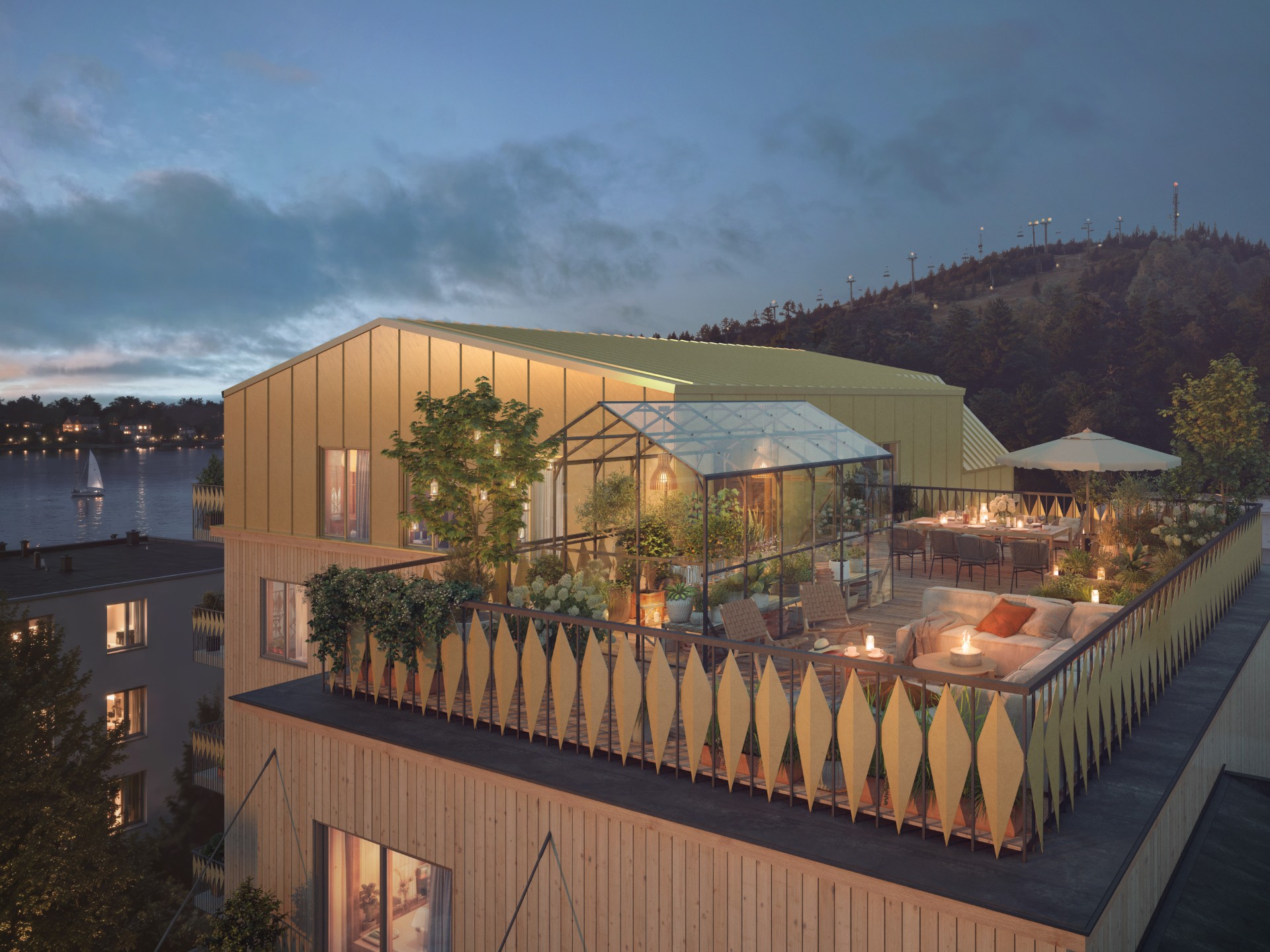 Penthouse med takterrass, växthus och utsikt över Väsjön i kvällsljus