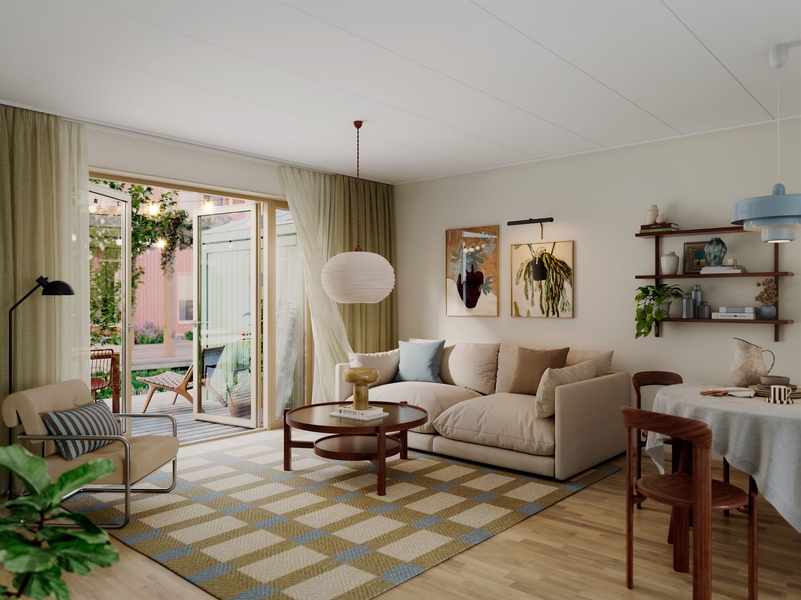 Vardagsrum i radhus med soffa, matplats och öppen dörr till uteplatsen